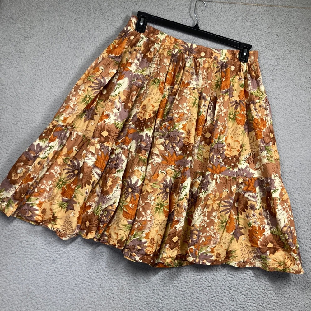 Serengeti Tiered Knee Skirt Womens Large Brown Floral Cotton Boho Peasant Fall